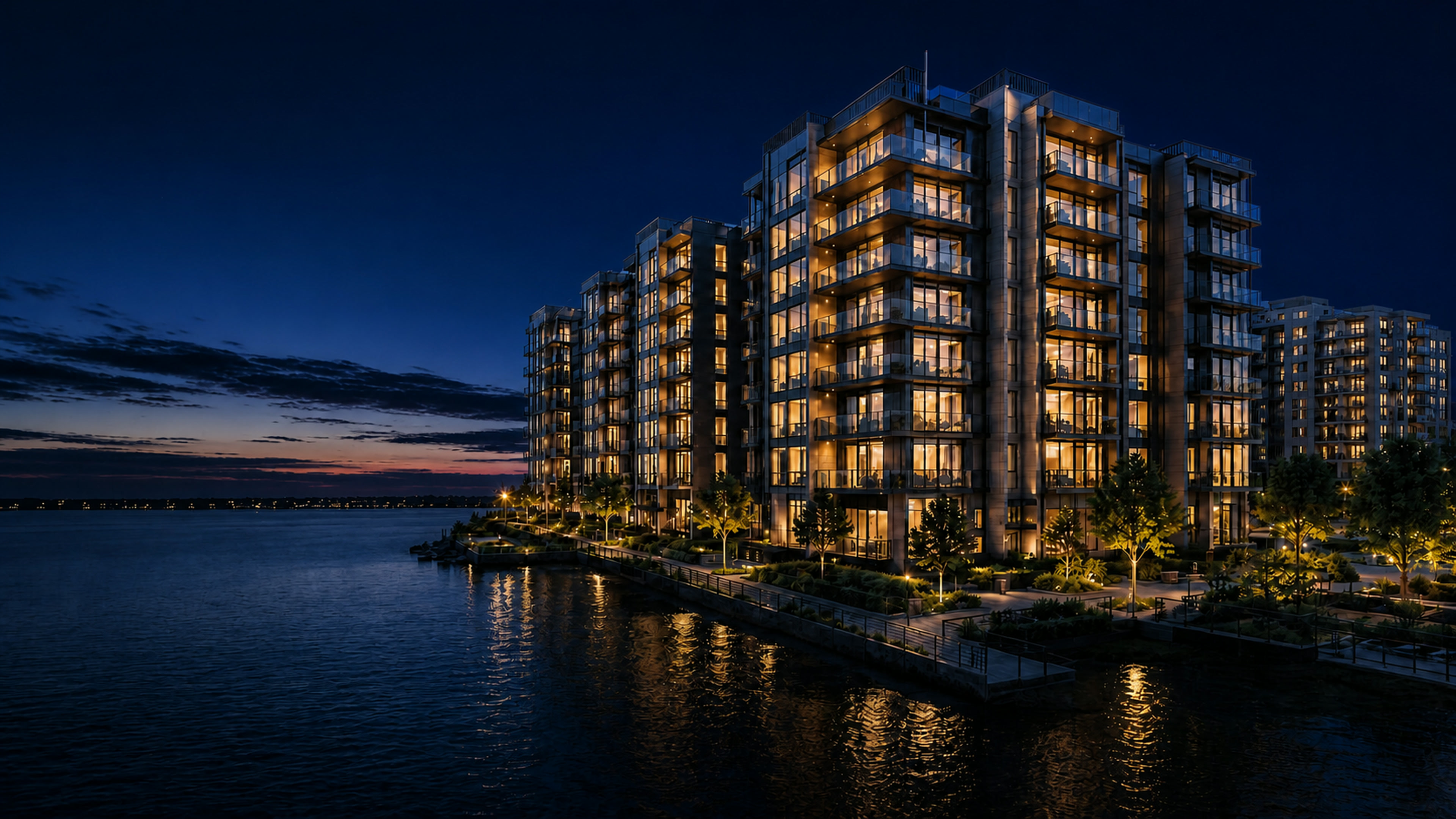 Modern multifamily community by the water